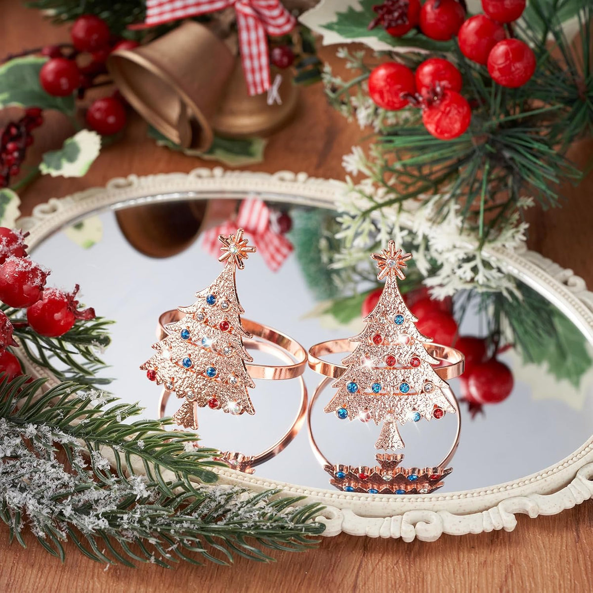 12 Pack Christmas Tree Napkin Rings Pink Metal Holders