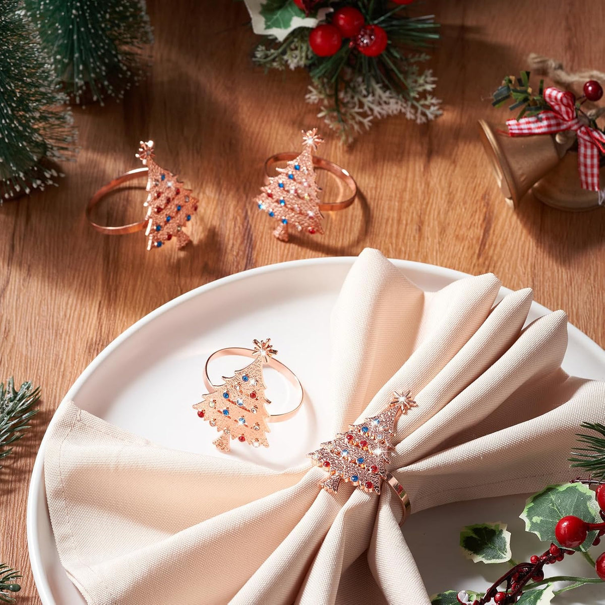 12 Pack Christmas Tree Napkin Rings Pink Metal Holders