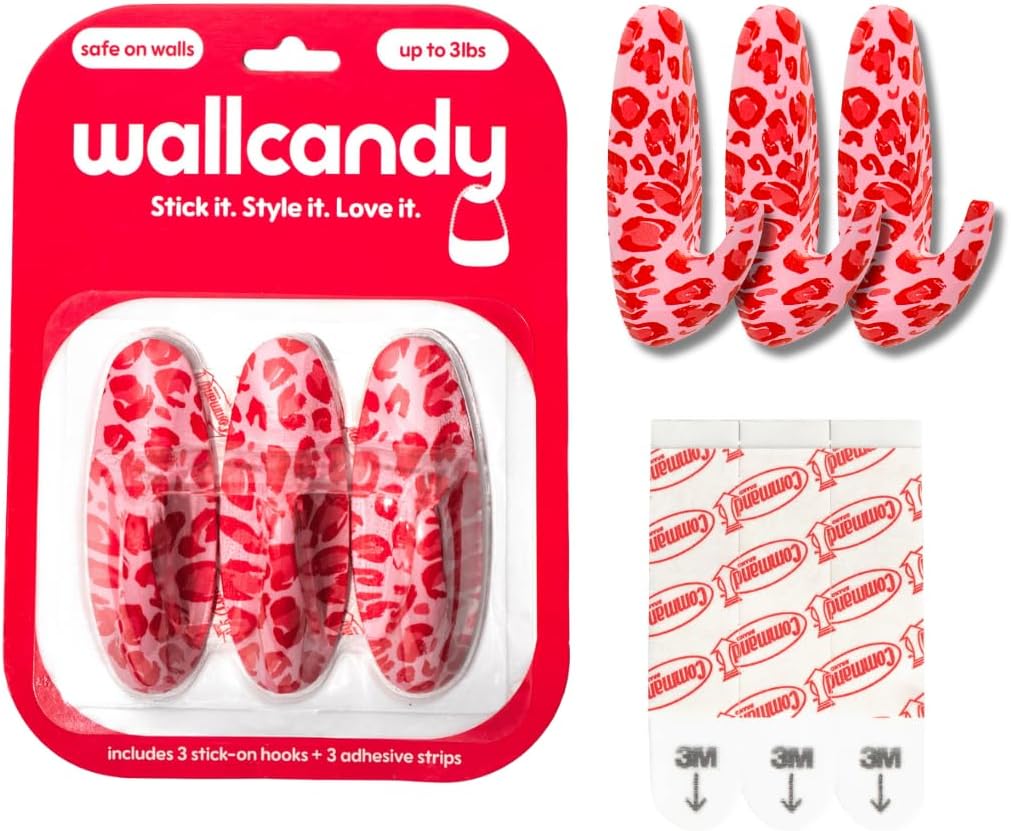 Adhesive Wall Hanging Hooks | Pack of 3 Cute Print Wall Hooks with Heavy Duty Stick-On Strips that Hold Up to 3lbs, Easy to Install Hanging Hook for Walls (Pink Cheetha)