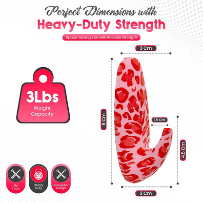 Adhesive Wall Hanging Hooks | Pack of 3 Cute Print Wall Hooks with Heavy Duty Stick-On Strips that Hold Up to 3lbs, Easy to Install Hanging Hook for Walls (Pink Cheetha)