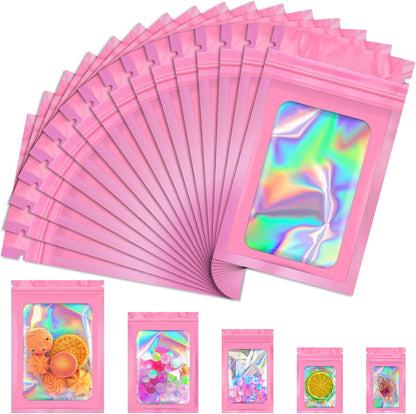 100 PCS Mylar Bags, Pink Holographic Bags, Resealable Bag for Small Business, Foil Pouch Bag for Food Storage, Bracelets, Jewelry（3x5in）
