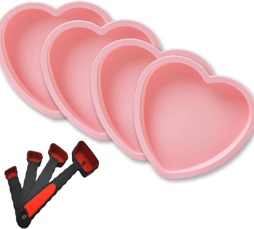 Silicone Heart Shaped Rainbow Cake Baking Pans, 4Pcs 6In Layer Pan Set, Flexible Non-Stick Silicone Molds+tray, Includes Measuring Cups set (pink)