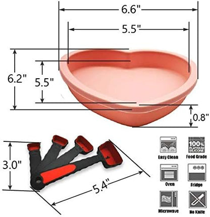 Silicone Heart Shaped Rainbow Cake Baking Pans, 4Pcs 6In Layer Pan Set, Flexible Non-Stick Silicone Molds+tray, Includes Measuring Cups set (pink)