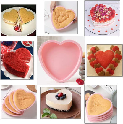 Silicone Heart Shaped Rainbow Cake Baking Pans, 4Pcs 6In Layer Pan Set, Flexible Non-Stick Silicone Molds+tray, Includes Measuring Cups set (pink)