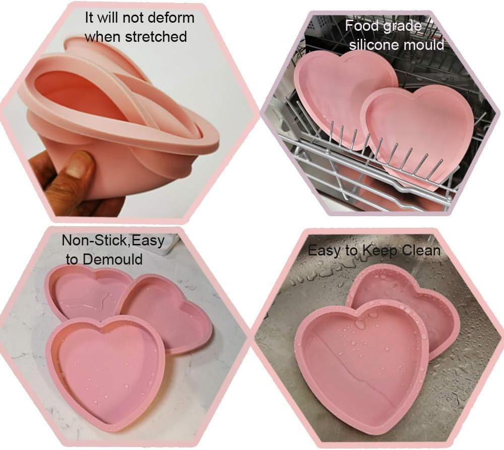Silicone Heart Shaped Rainbow Cake Baking Pans, 4Pcs 6In Layer Pan Set, Flexible Non-Stick Silicone Molds+tray, Includes Measuring Cups set (pink)