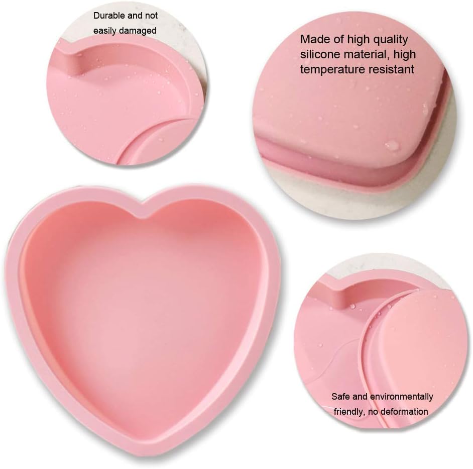 Silicone Heart Shaped Rainbow Cake Baking Pans, 4Pcs 6In Layer Pan Set, Flexible Non-Stick Silicone Molds+tray, Includes Measuring Cups set (pink)