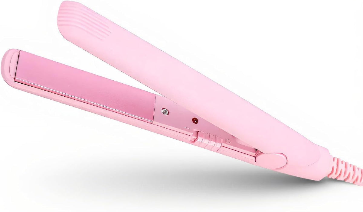 Hair Straightener, 25W PTC Two in One Tourmaline Ceramic Pink Straightener Mini Flat Iron with Red LED Lamp for Straightener and Curling(Pink, Us Plug)