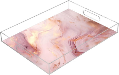 Pink Gold Marble Serving Tray 12" x 16" Acrylic Trays with Handles Decorative Serving Platter for Coffee, Breakfast in Bed, Dinner, Appetizers, Patio, Party