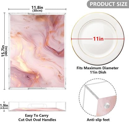 Pink Gold Marble Serving Tray 12" x 16" Acrylic Trays with Handles Decorative Serving Platter for Coffee, Breakfast in Bed, Dinner, Appetizers, Patio, Party