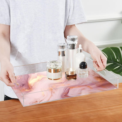 Pink Gold Marble Serving Tray 12" x 16" Acrylic Trays with Handles Decorative Serving Platter for Coffee, Breakfast in Bed, Dinner, Appetizers, Patio, Party