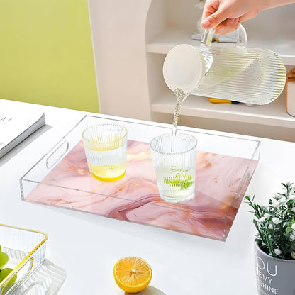 Pink Gold Marble Serving Tray 12" x 16" Acrylic Trays with Handles Decorative Serving Platter for Coffee, Breakfast in Bed, Dinner, Appetizers, Patio, Party