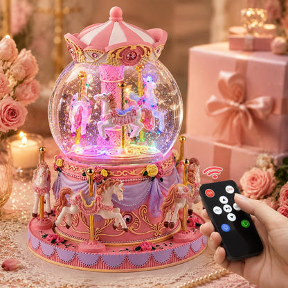 Remote Control Carousel Snow Globe Music Box, Pink Merry Go Round Horse Music Box with Lights, Plays 64 Tunes, Romantic Birthday Christmas for Daughter Wife Mom Granddaughter
