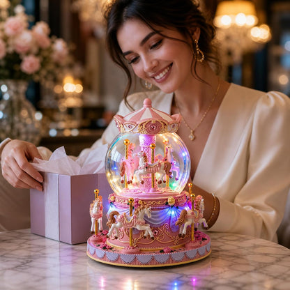 Remote Control Carousel Snow Globe Music Box, Pink Merry Go Round Horse Music Box with Lights, Plays 64 Tunes, Romantic Birthday Christmas for Daughter Wife Mom Granddaughter