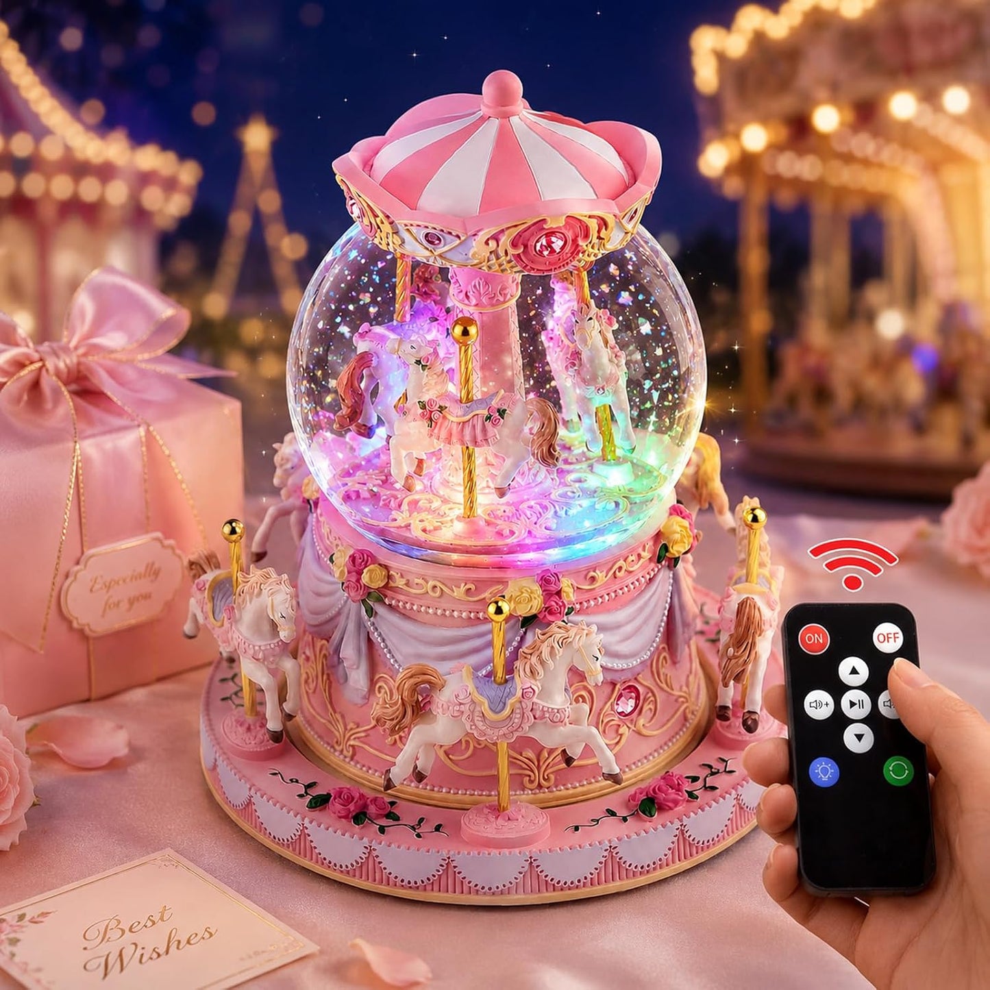 Remote Control Carousel Snow Globe Music Box, Pink Merry Go Round Horse Music Box with Lights, Plays 64 Tunes, Romantic Birthday Christmas for Daughter Wife Mom Granddaughter