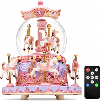 Remote Control Carousel Snow Globe Music Box, Pink Merry Go Round Horse Music Box with Lights, Plays 64 Tunes, Romantic Birthday Christmas for Daughter Wife Mom Granddaughter