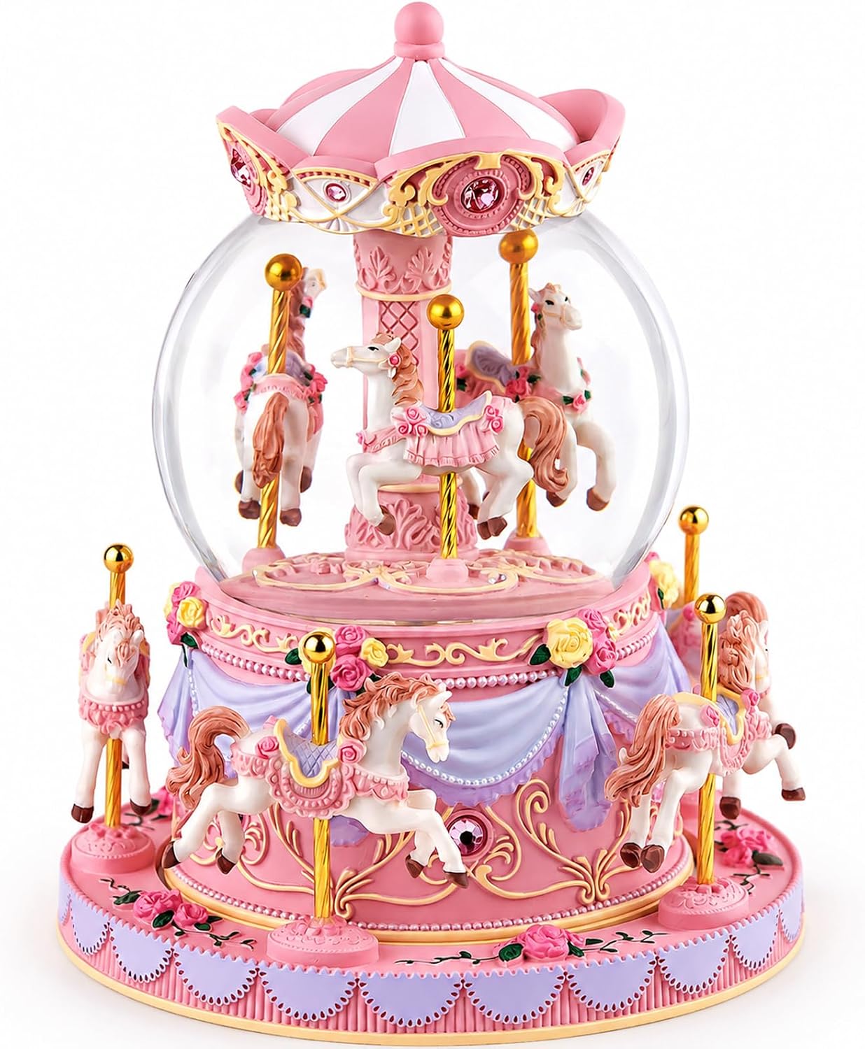 Remote Control Carousel Snow Globe Music Box, Pink Merry Go Round Horse Music Box with Lights, Plays 64 Tunes, Romantic Birthday Christmas for Daughter Wife Mom Granddaughter