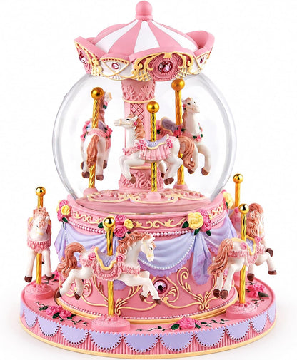 Remote Control Carousel Snow Globe Music Box, Pink Merry Go Round Horse Music Box with Lights, Plays 64 Tunes, Romantic Birthday Christmas for Daughter Wife Mom Granddaughter