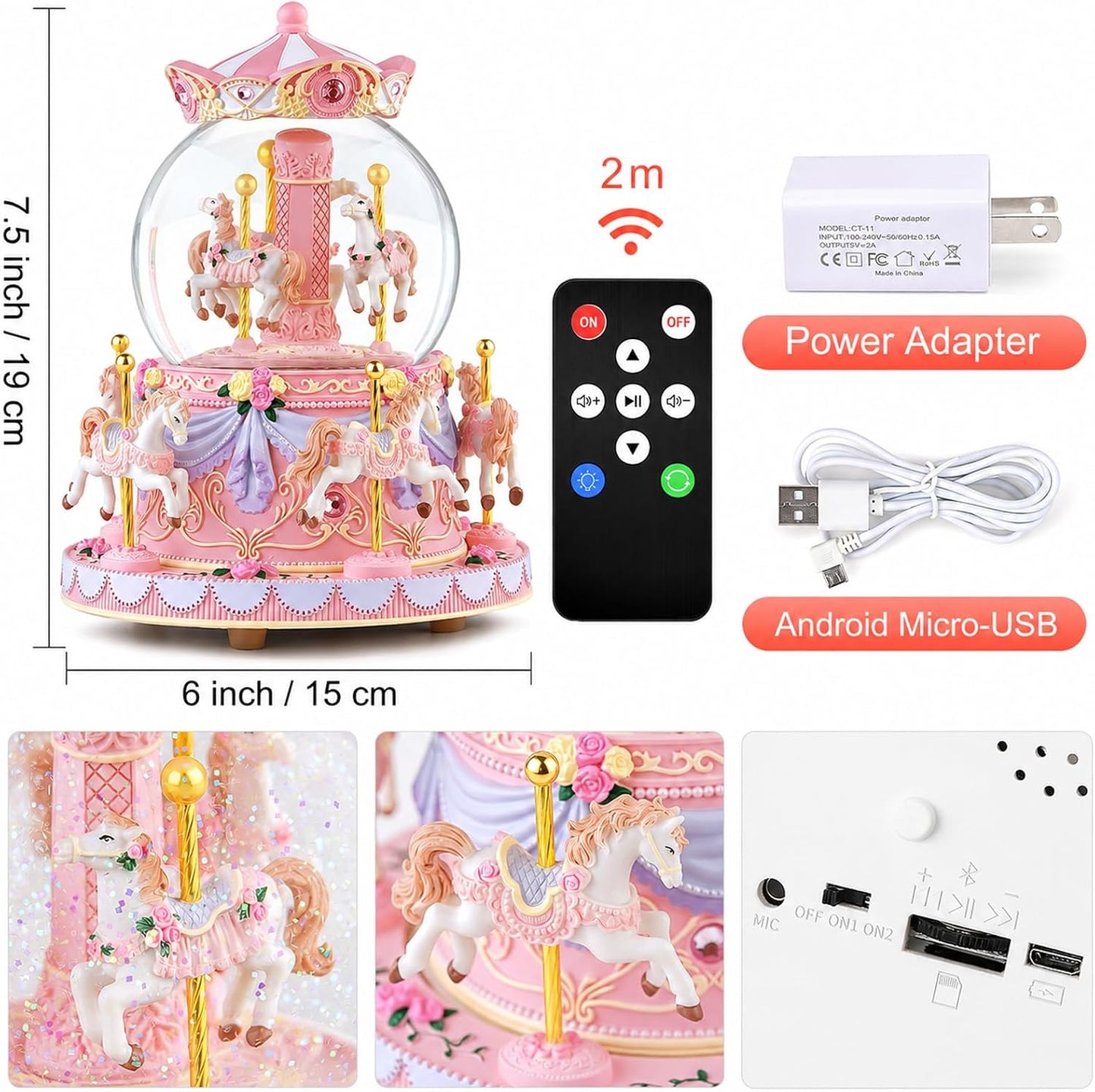 Remote Control Carousel Snow Globe Music Box, Pink Merry Go Round Horse Music Box with Lights, Plays 64 Tunes, Romantic Birthday Christmas for Daughter Wife Mom Granddaughter