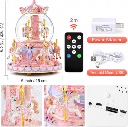 Remote Control Carousel Snow Globe Music Box, Pink Merry Go Round Horse Music Box with Lights, Plays 64 Tunes, Romantic Birthday Christmas for Daughter Wife Mom Granddaughter