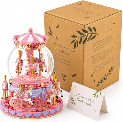 Remote Control Carousel Snow Globe Music Box, Pink Merry Go Round Horse Music Box with Lights, Plays 64 Tunes, Romantic Birthday Christmas for Daughter Wife Mom Granddaughter