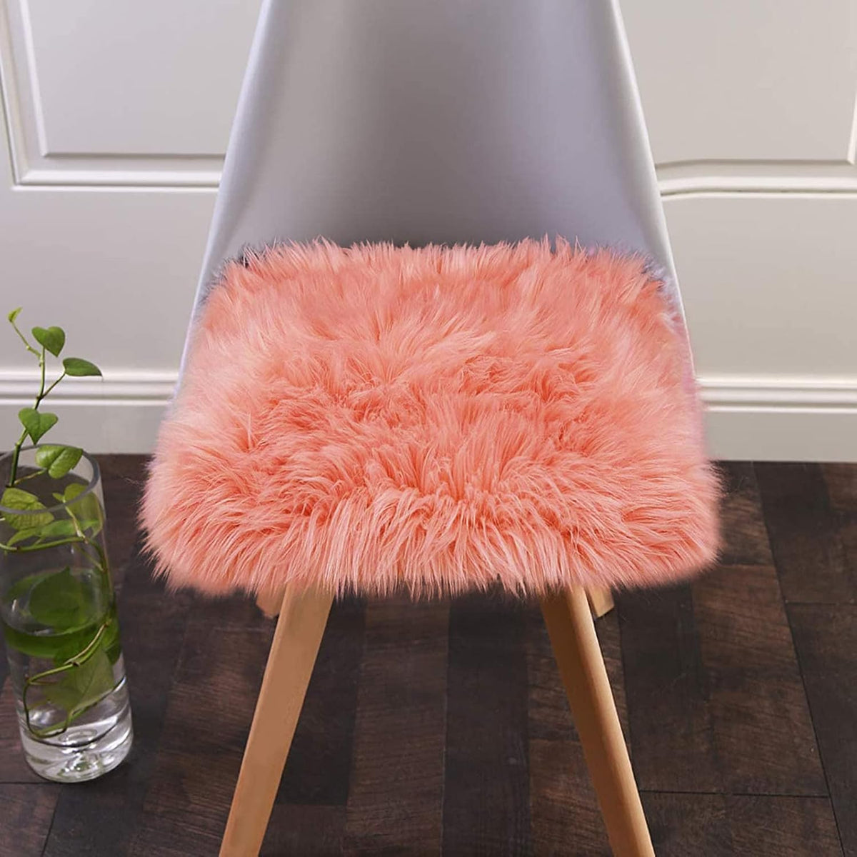Square Faux Fur Sheepskin Chair Cover Seat Cushion Pad Super Soft Area Rugs for Living Bedroom Sofa (1.6ft x 1.6ft, Coral) 1 pack