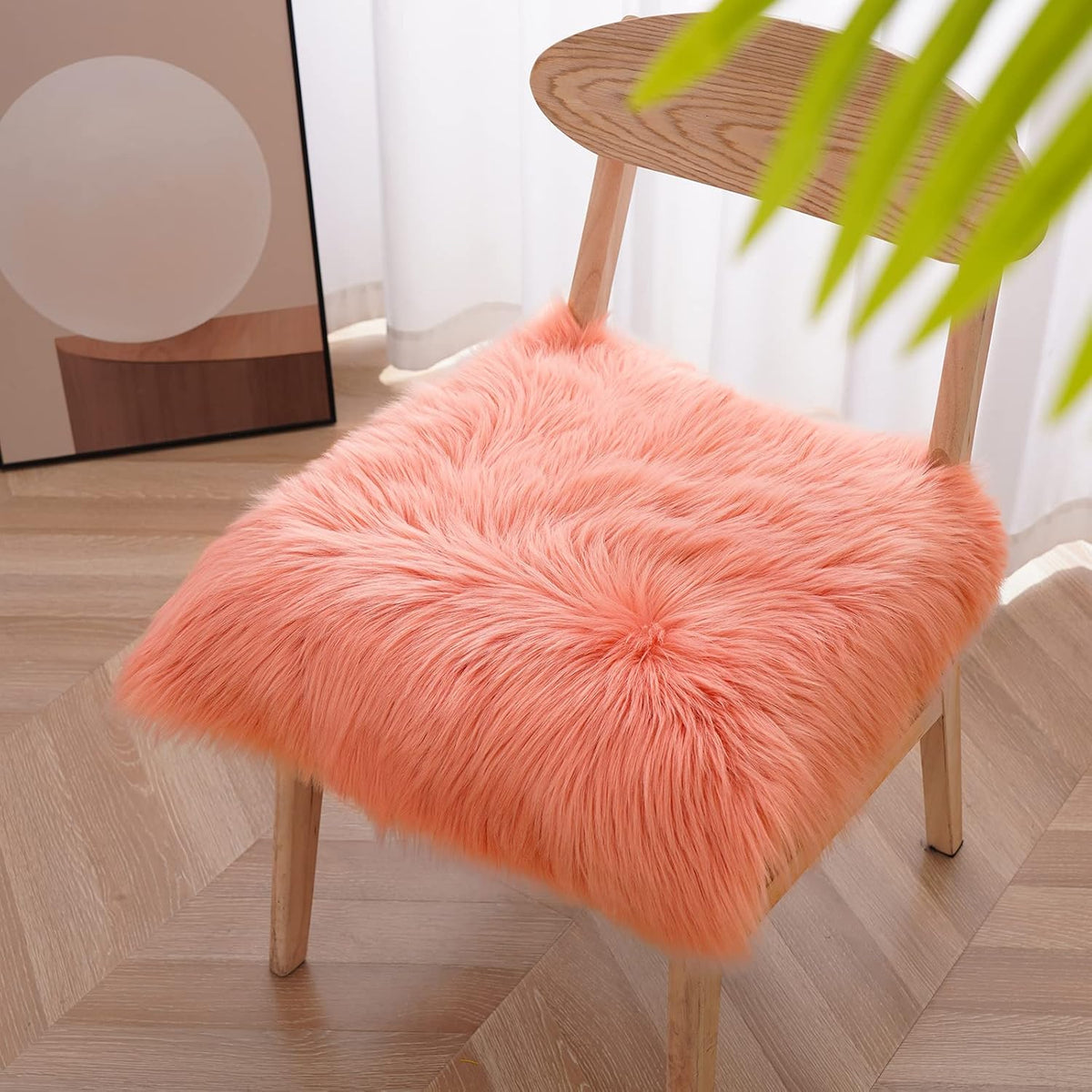 Square Faux Fur Sheepskin Chair Cover Seat Cushion Pad Super Soft Area Rugs for Living Bedroom Sofa (1.6ft x 1.6ft, Coral) 1 pack