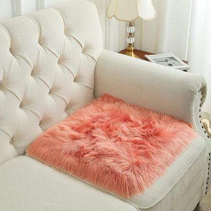 Square Faux Fur Sheepskin Chair Cover Seat Cushion Pad Super Soft Area Rugs for Living Bedroom Sofa (1.6ft x 1.6ft, Coral) 1 pack