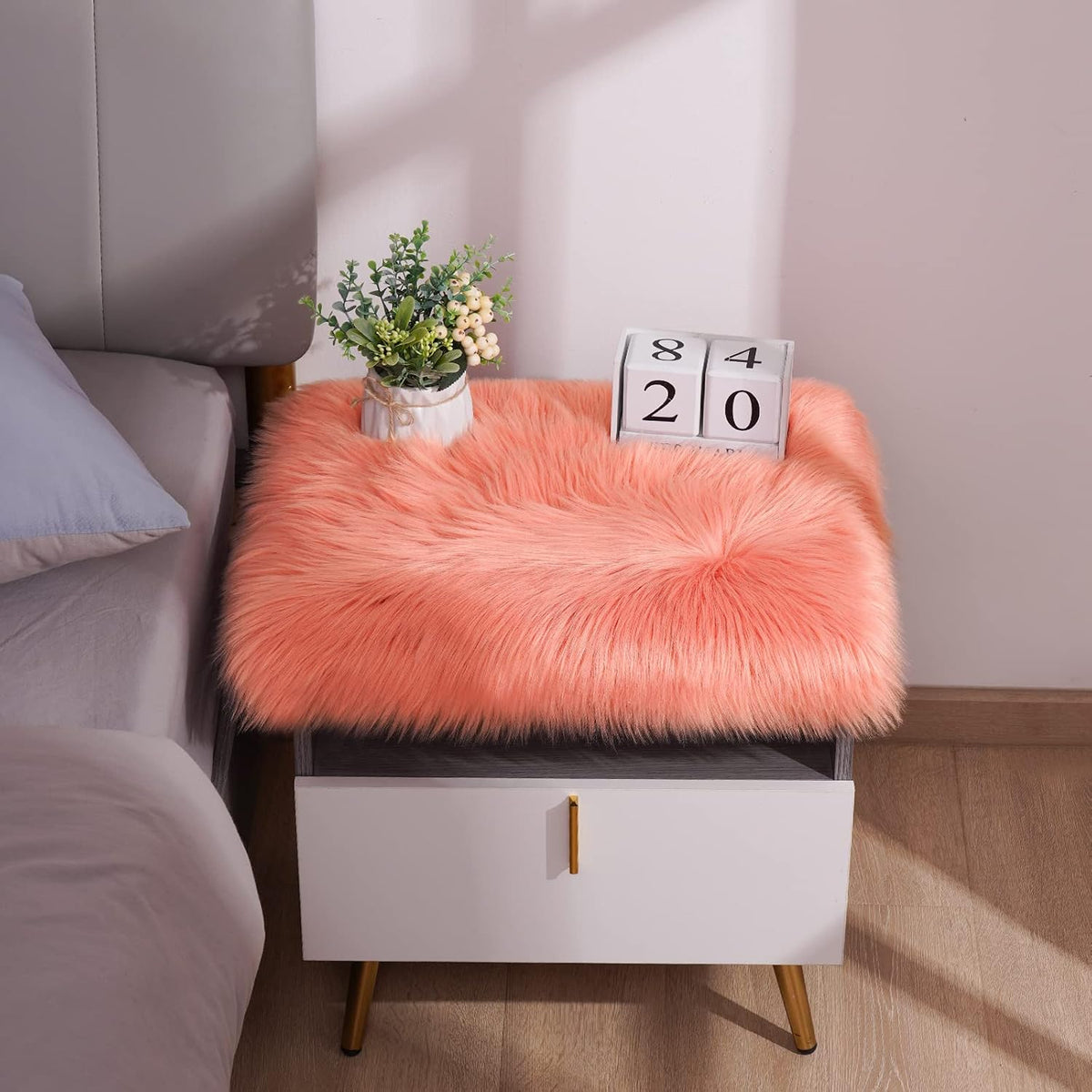 Square Faux Fur Sheepskin Chair Cover Seat Cushion Pad Super Soft Area Rugs for Living Bedroom Sofa (1.6ft x 1.6ft, Coral) 1 pack