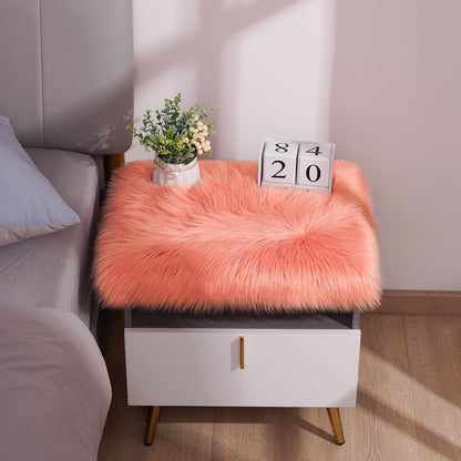 Square Faux Fur Sheepskin Chair Cover Seat Cushion Pad Super Soft Area Rugs for Living Bedroom Sofa (1.6ft x 1.6ft, Coral) 1 pack