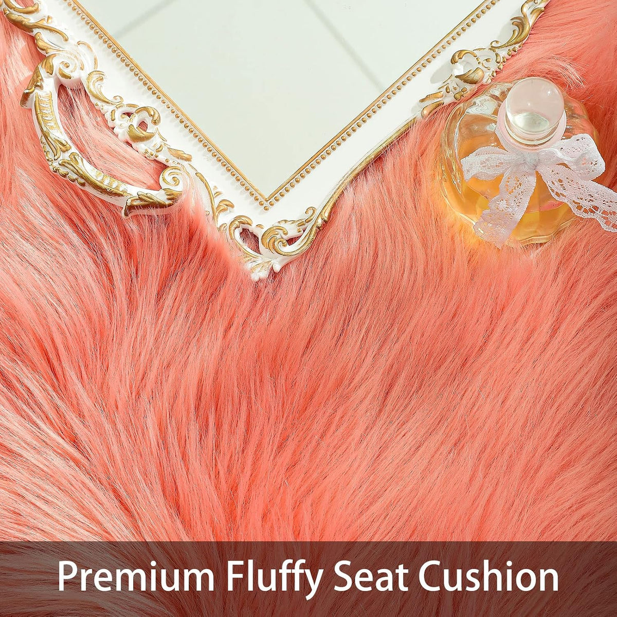 Square Faux Fur Sheepskin Chair Cover Seat Cushion Pad Super Soft Area Rugs for Living Bedroom Sofa (1.6ft x 1.6ft, Coral) 1 pack