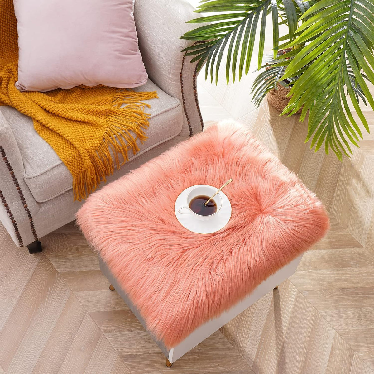 Square Faux Fur Sheepskin Chair Cover Seat Cushion Pad Super Soft Area Rugs for Living Bedroom Sofa (1.6ft x 1.6ft, Coral) 1 pack