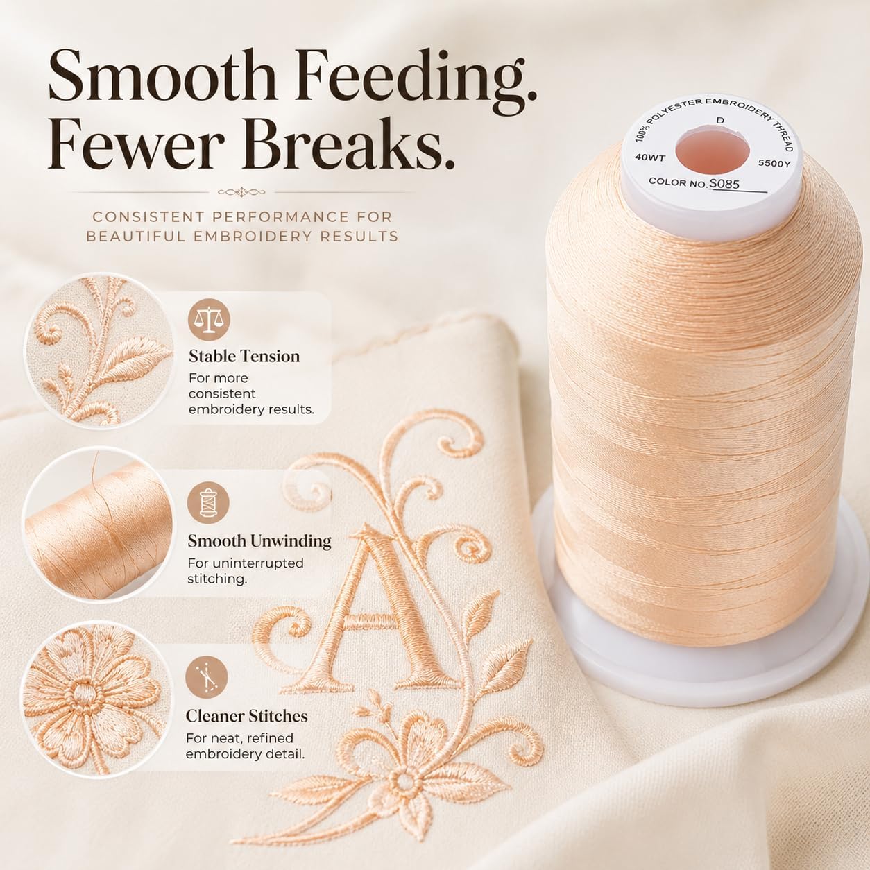 Embroidery Machine Thread 5000M 40WT Polyester, Light Peach S085 | 5000M 40WT polyester thread feeds smoothly for home or commercial embroidery projects.