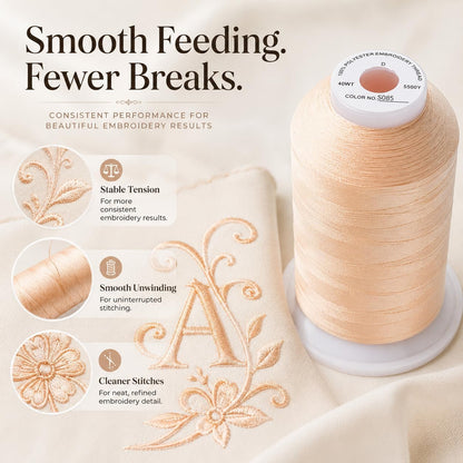 Embroidery Machine Thread 5000M 40WT Polyester, Light Peach S085 | 5000M 40WT polyester thread feeds smoothly for home or commercial embroidery projects.