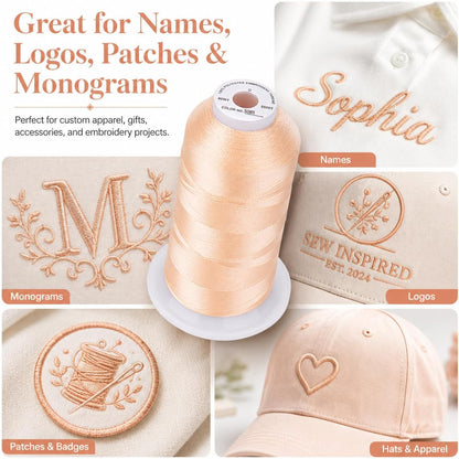 Embroidery Machine Thread 5000M 40WT Polyester, Light Peach S085 | 5000M 40WT polyester thread feeds smoothly for home or commercial embroidery projects.