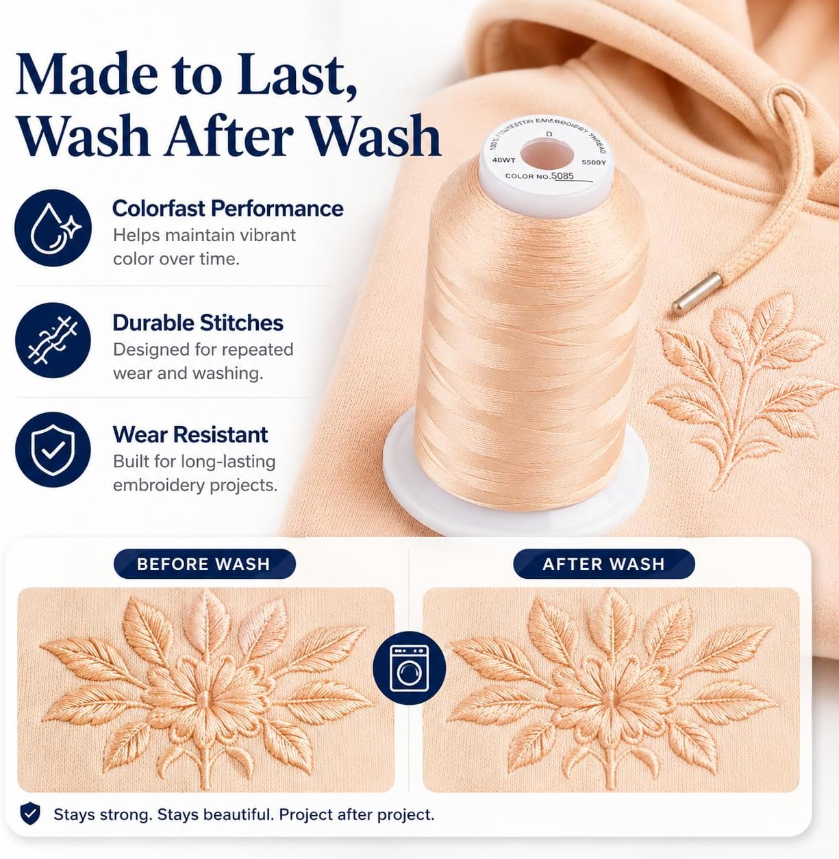 Embroidery Machine Thread 5000M 40WT Polyester, Light Peach S085 | 5000M 40WT polyester thread feeds smoothly for home or commercial embroidery projects.