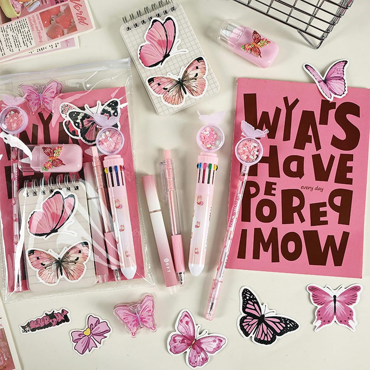9 Pcs Cute Butterfly Stationery Set for Girls Boys Kids Women Back to School Supplies Office Supplies Kawaii Stationery Gift (Butterfly-Pink)