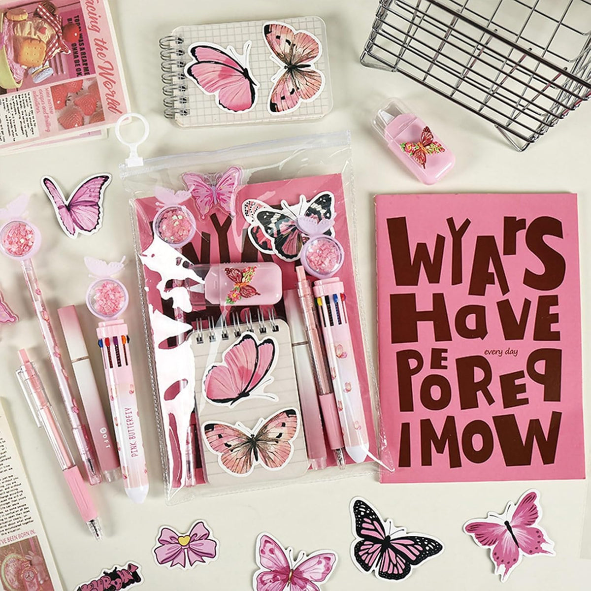 9 Pcs Cute Butterfly Stationery Set for Girls Boys Kids Women Back to School Supplies Office Supplies Kawaii Stationery Gift (Butterfly-Pink)
