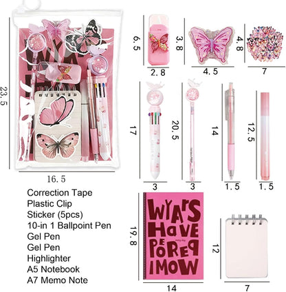 9 Pcs Cute Butterfly Stationery Set for Girls Boys Kids Women Back to School Supplies Office Supplies Kawaii Stationery Gift (Butterfly-Pink)