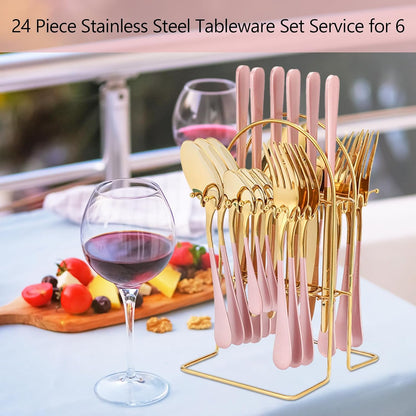 24 Pieces Silverware Set, Stainless Steel Cutlery Set with Holder