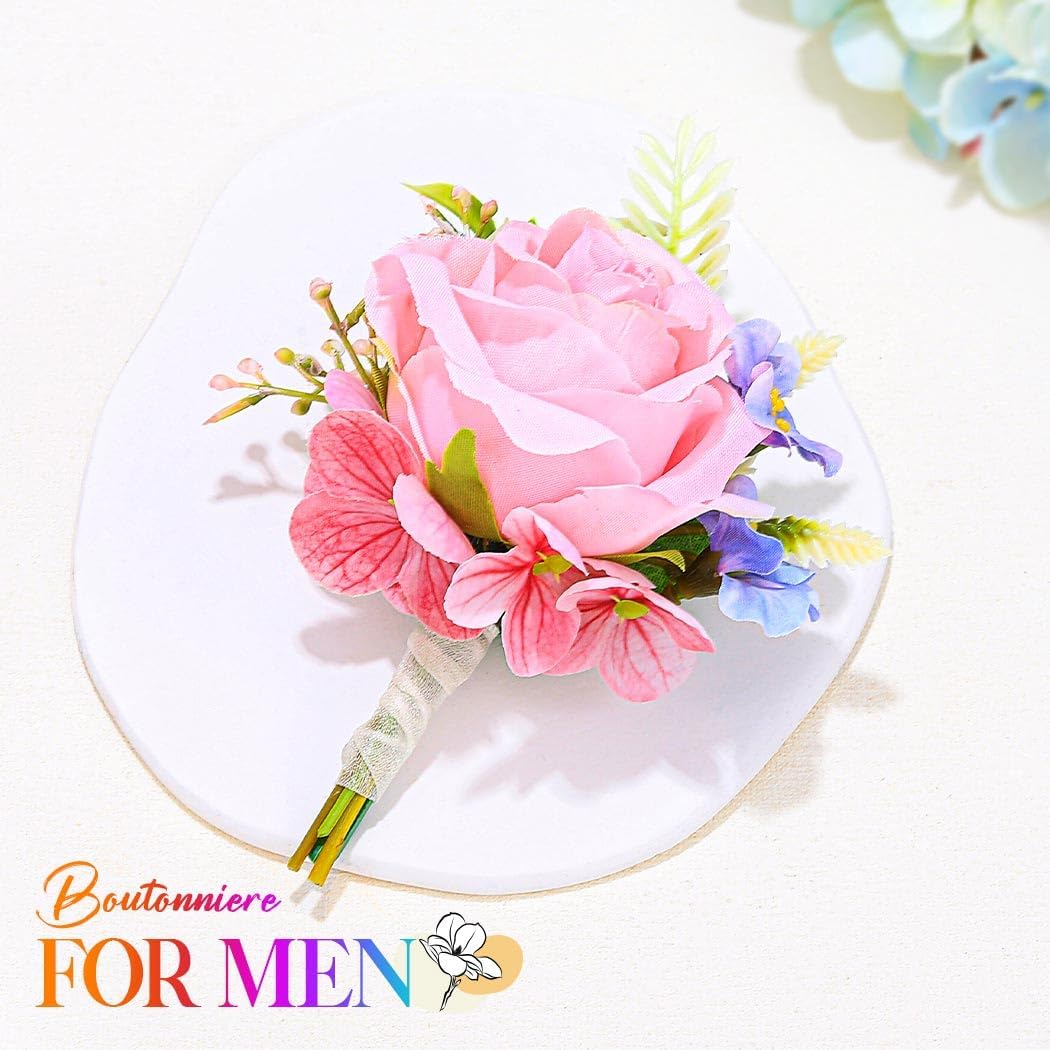 Wedding Flower Boutonniere Red Groom Rose Buttonholes Men's Boutineer Party Suit Decoration Prom Anniversary Accessories for Groomsmans and Man (Pink)
