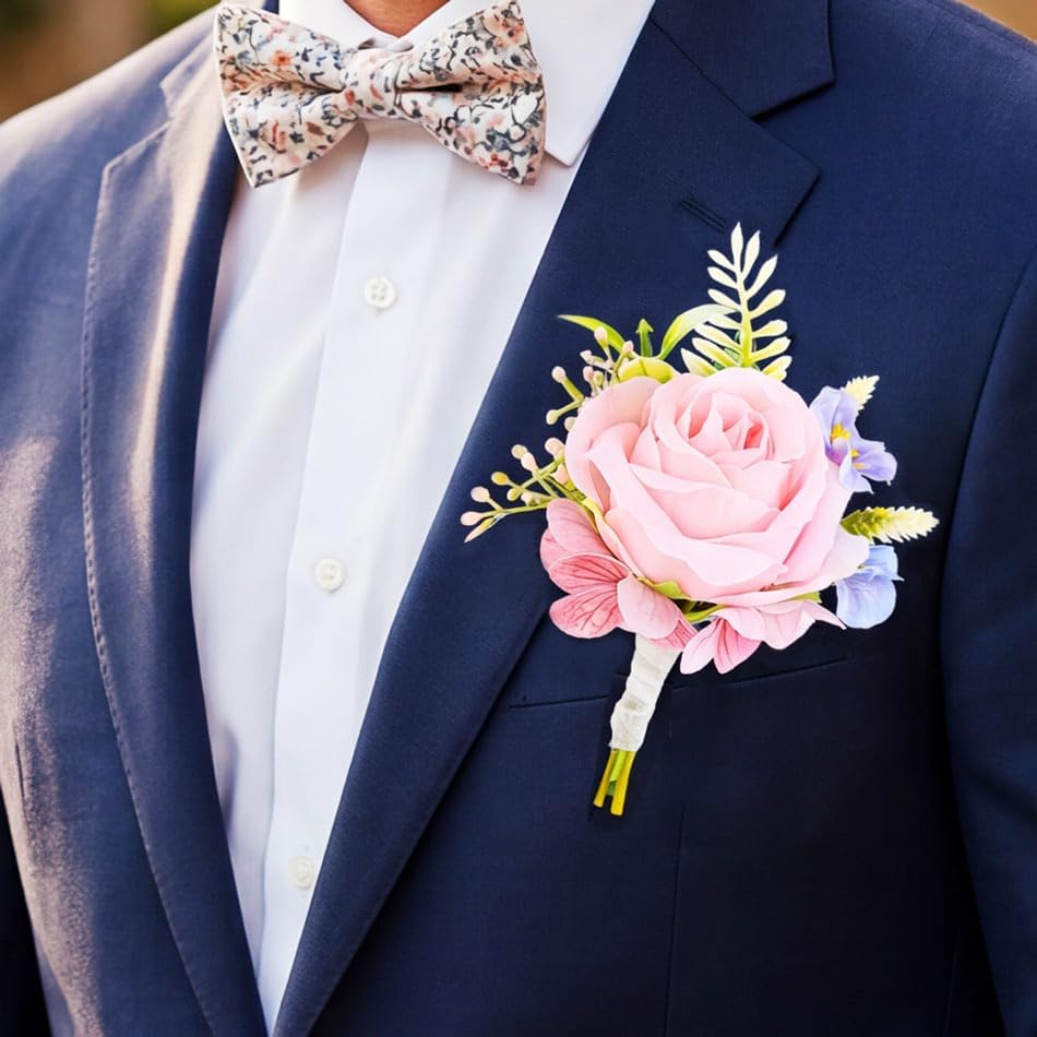 Wedding Flower Boutonniere Red Groom Rose Buttonholes Men's Boutineer Party Suit Decoration Prom Anniversary Accessories for Groomsmans and Man (Pink)
