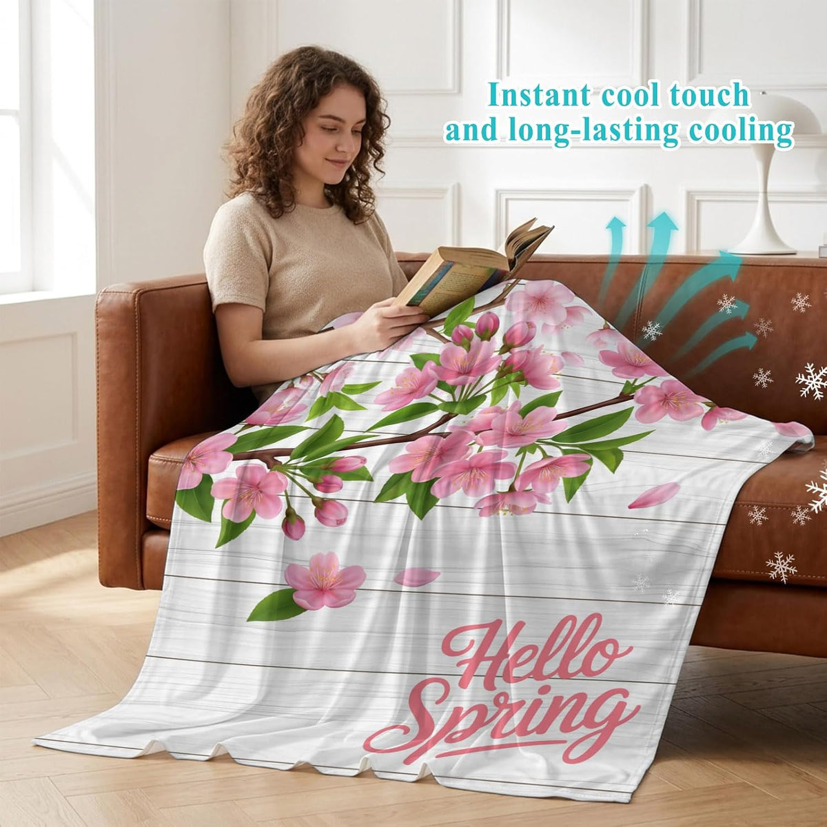 40"x60" Lap Cooling Blanket Hello Spring Flowers Ice Silk Lightweight Breathable Soft Summer Blanket for Hot Sleepers Couch Bed Sofa Camping Botanical Peach Blossoms Wood