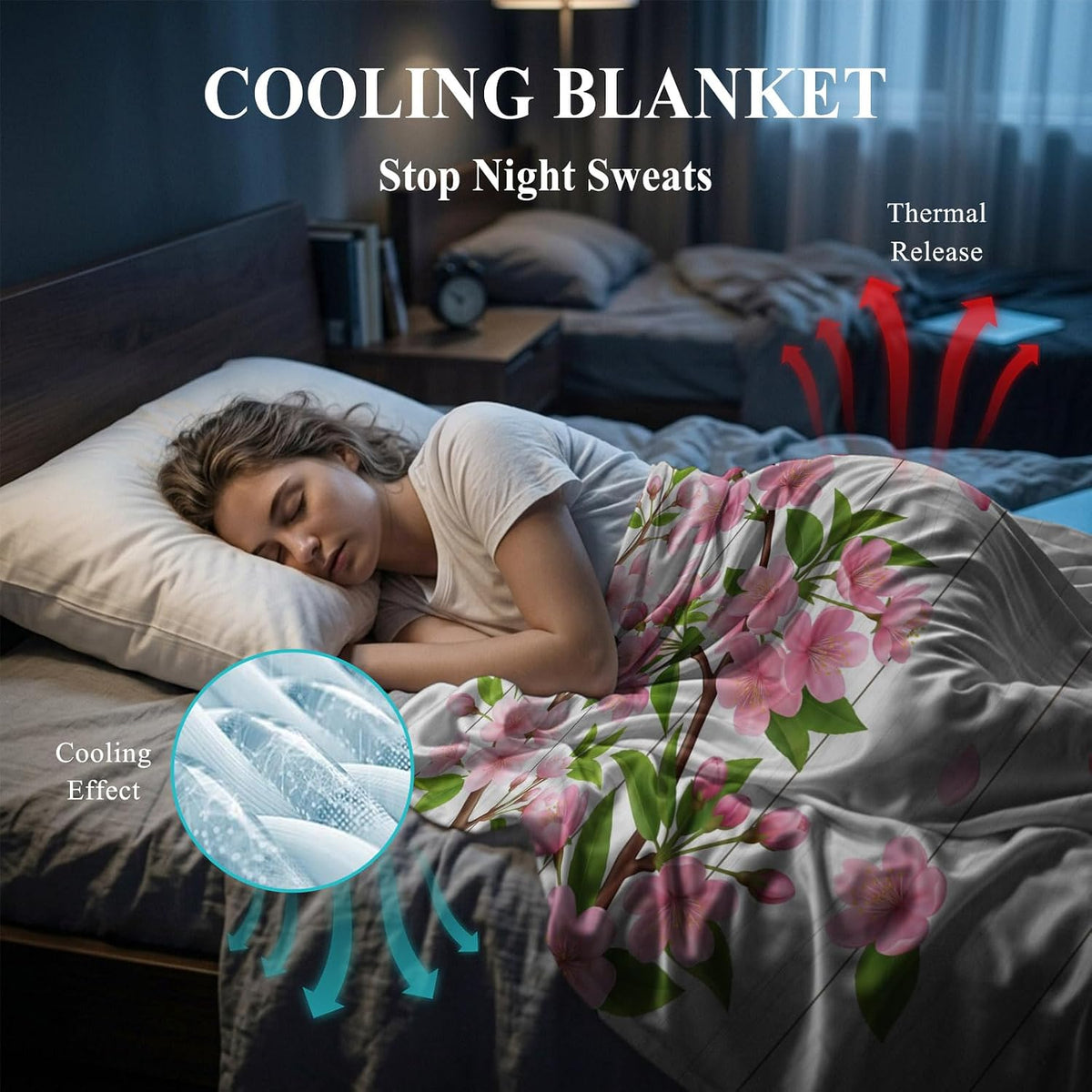 40"x60" Lap Cooling Blanket Hello Spring Flowers Ice Silk Lightweight Breathable Soft Summer Blanket for Hot Sleepers Couch Bed Sofa Camping Botanical Peach Blossoms Wood