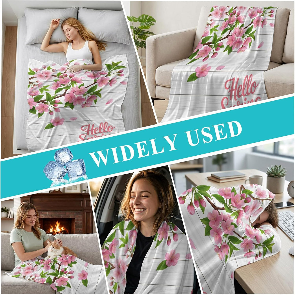 40"x60" Lap Cooling Blanket Hello Spring Flowers Ice Silk Lightweight Breathable Soft Summer Blanket for Hot Sleepers Couch Bed Sofa Camping Botanical Peach Blossoms Wood