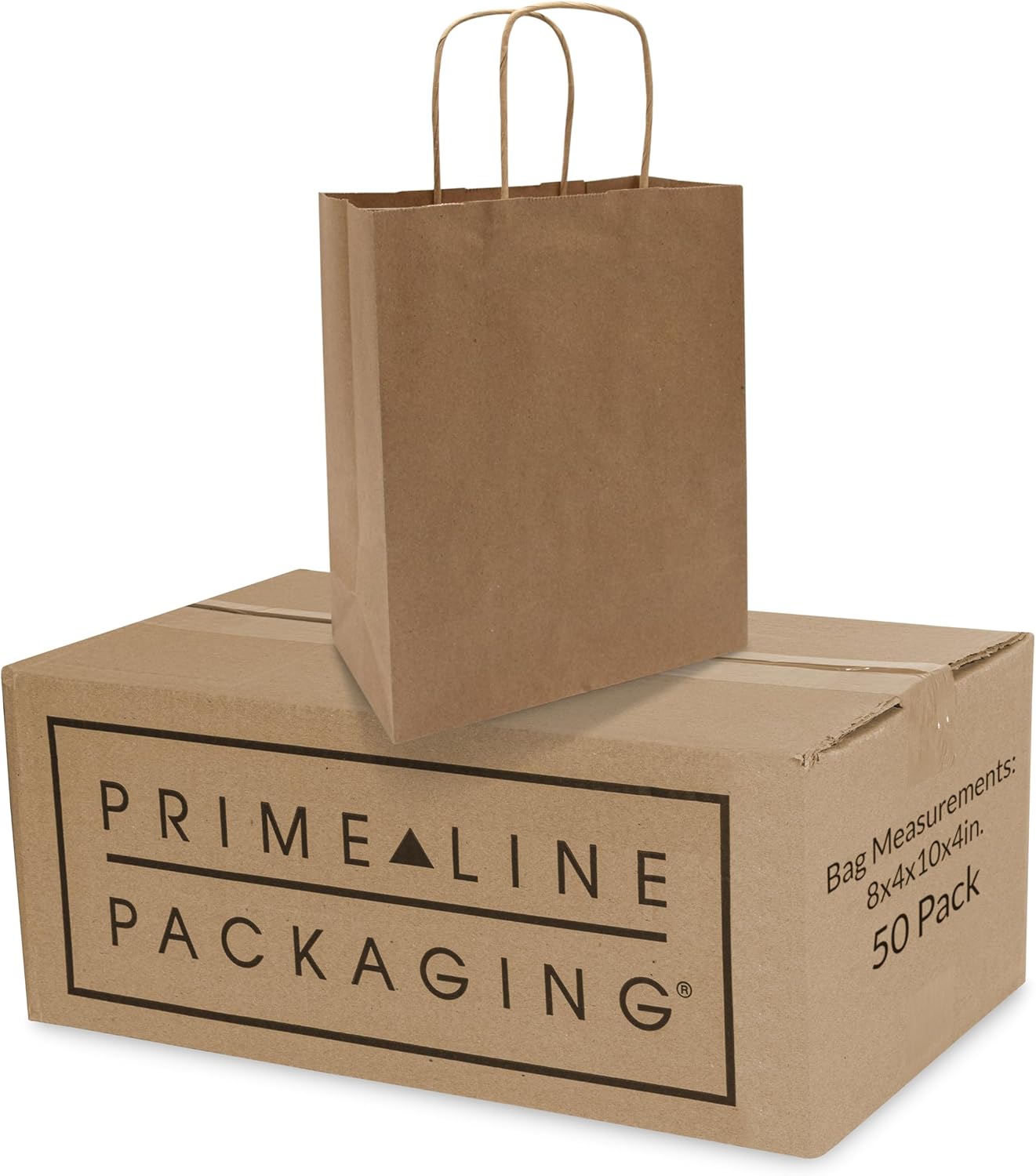 Prime Line Packaging Small Brown Paper Bags with Handles 8x4x10 Inch 50 Pack Kraft Gift Bags Bulk for Small Business, Retail Shopping, Boutiques