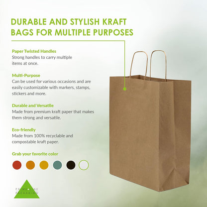 Prime Line Packaging Small Brown Paper Bags with Handles 8x4x10 Inch 50 Pack Kraft Gift Bags Bulk for Small Business, Retail Shopping, Boutiques