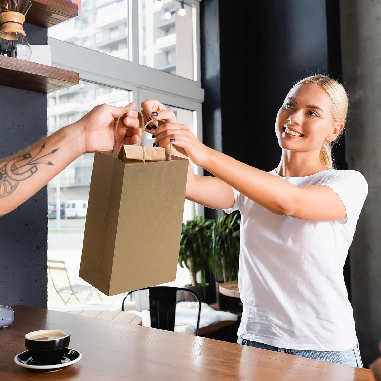 Prime Line Packaging Small Brown Paper Bags with Handles 8x4x10 Inch 50 Pack Kraft Gift Bags Bulk for Small Business, Retail Shopping, Boutiques
