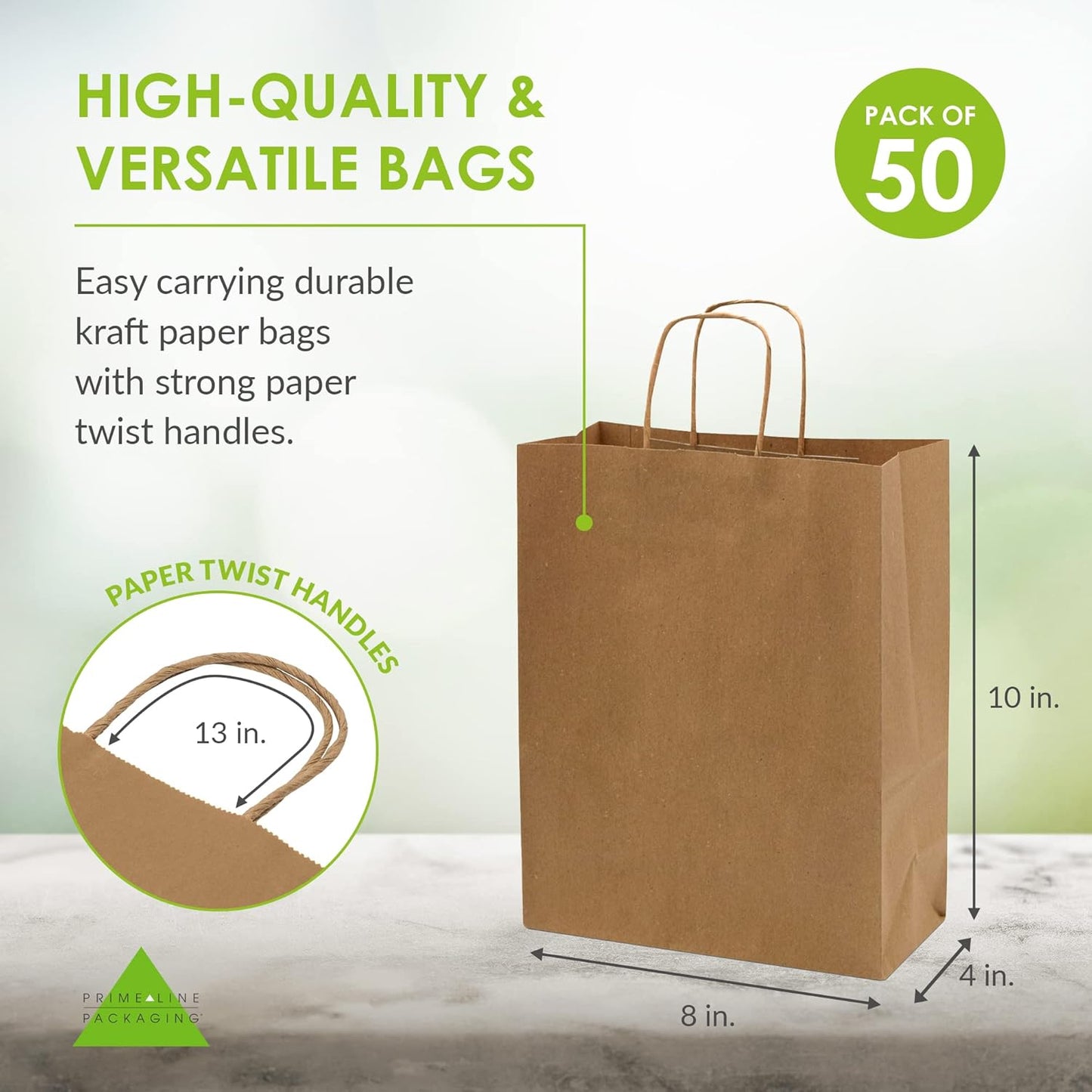 Prime Line Packaging Small Brown Paper Bags with Handles 8x4x10 Inch 50 Pack Kraft Gift Bags Bulk for Small Business, Retail Shopping, Boutiques