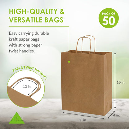 Prime Line Packaging Small Brown Paper Bags with Handles 8x4x10 Inch 50 Pack Kraft Gift Bags Bulk for Small Business, Retail Shopping, Boutiques