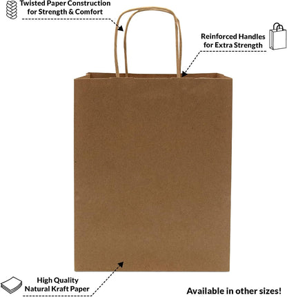 Prime Line Packaging Small Brown Paper Bags with Handles 8x4x10 Inch 50 Pack Kraft Gift Bags Bulk for Small Business, Retail Shopping, Boutiques